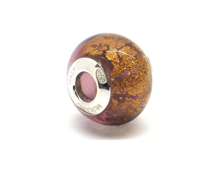 Murano glas bead - Rosa antico con vortici dorati