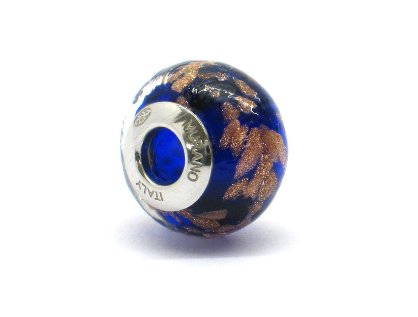 Murano glas bead - Velluto blu con vortici dorati