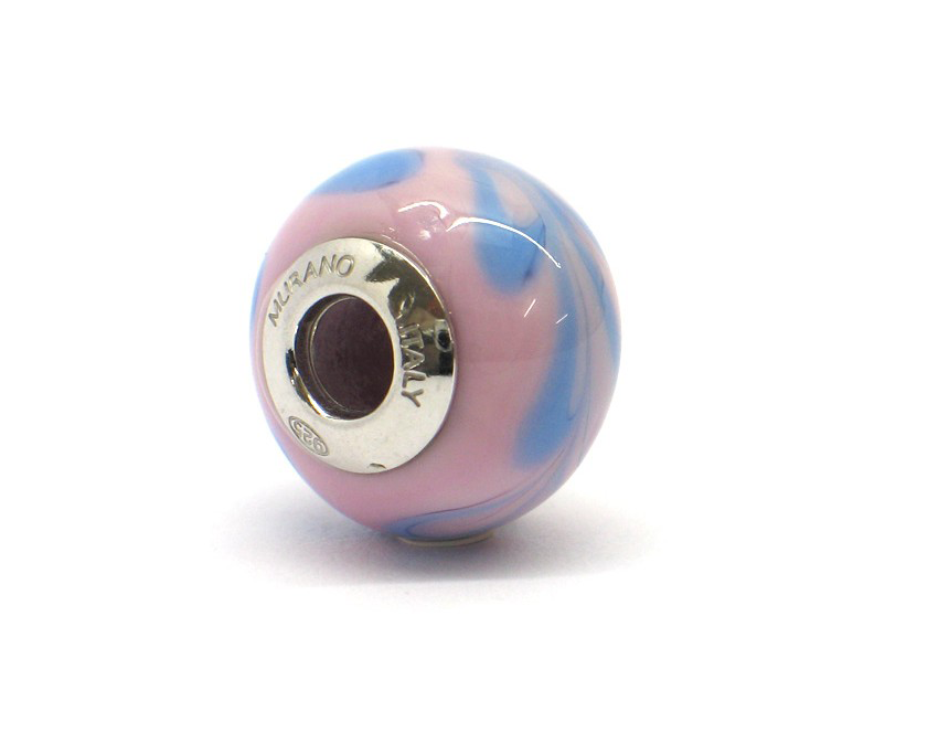 Murano glas bead - Rosa con riccioli color lavanda