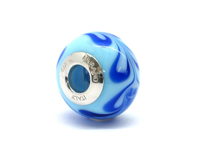 Murano glas bead - Turchese con riccioli blu