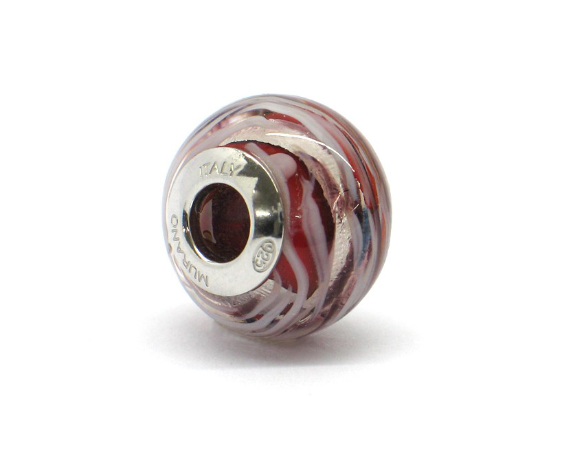 Murano glas bead - Strisce rosse, bianche e argentate